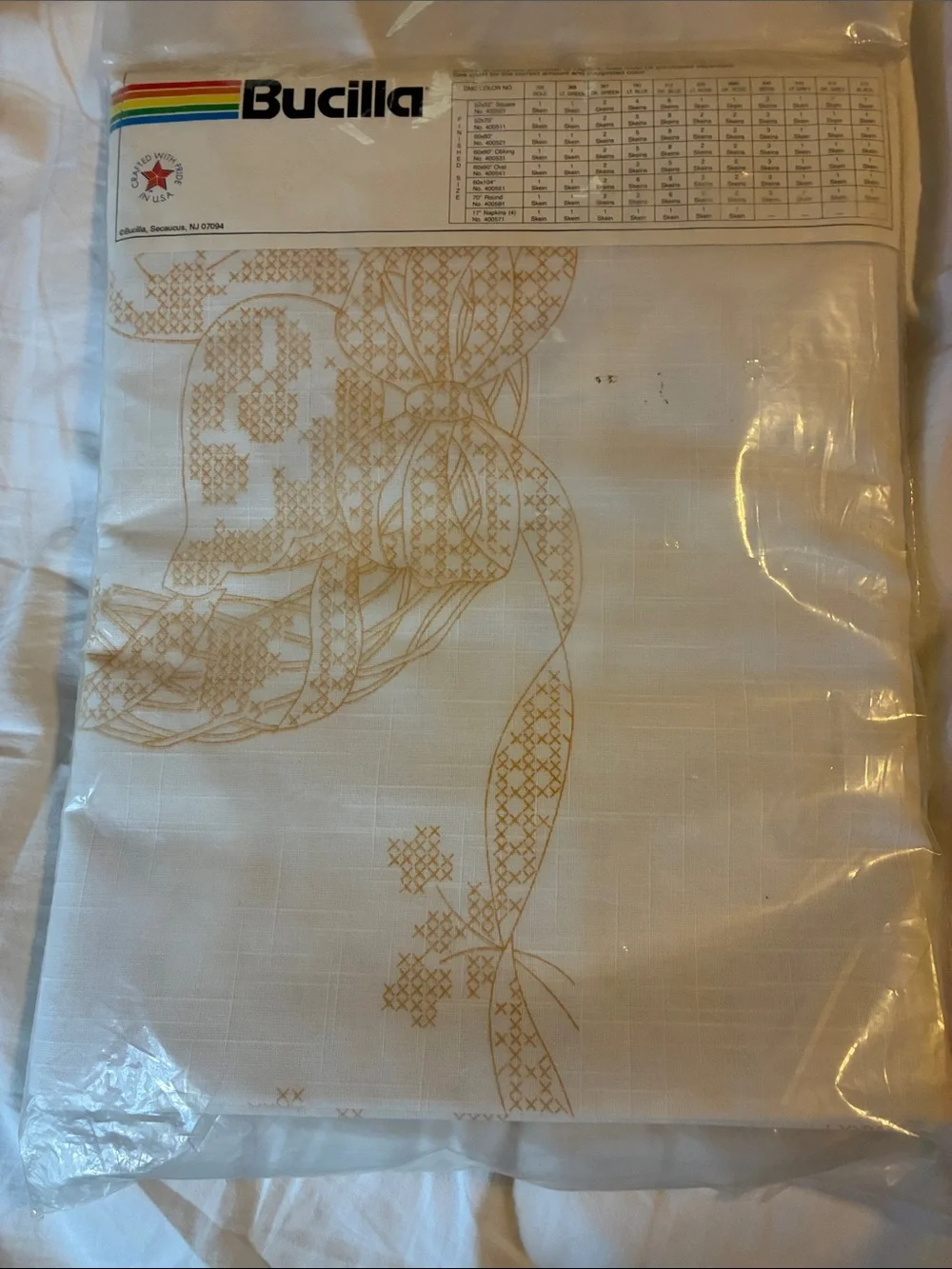 Bucilla Cream Tablecloth Pattern with Goose Blue Ribbon and Red Wreaths kit